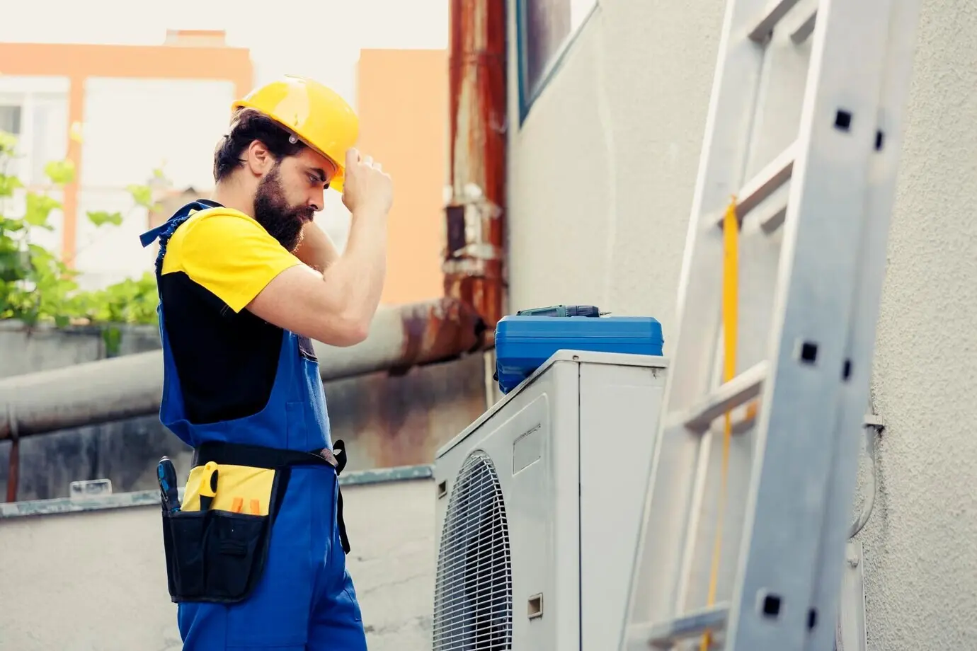 A skilled electrician contracted to inspect an outdoor air conditioner at the start of their shift. A trained worker wearing protective gear preparing to service a faulty external HVAC system.