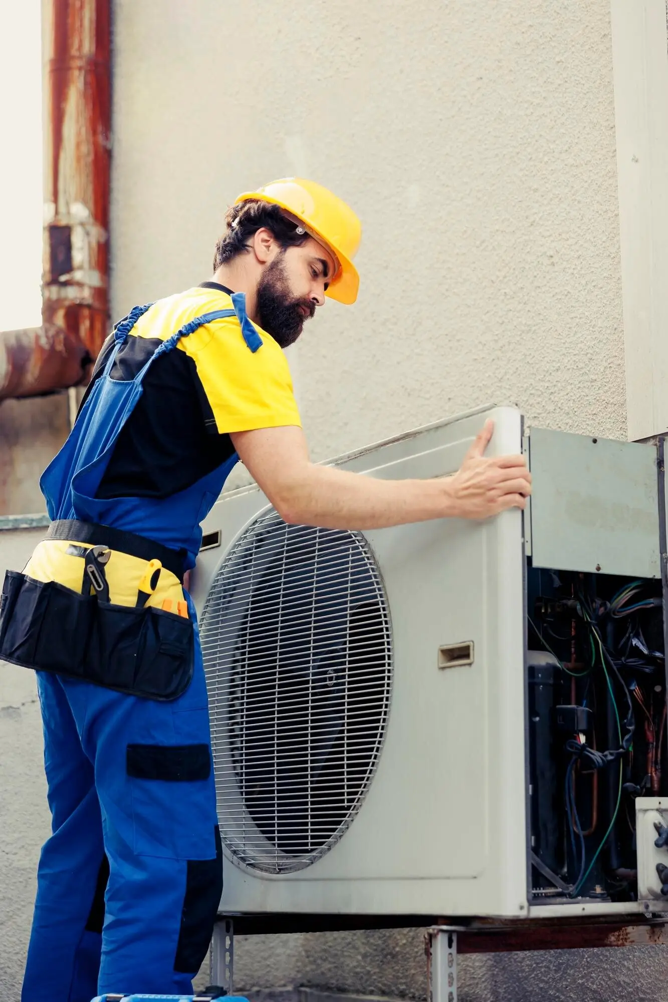 A certified technician contracted to repair a broken air conditioner dismantles the condenser’s front coil panel to check faulty internal components. An electrician opens the HVAC system to check for improper wiring.